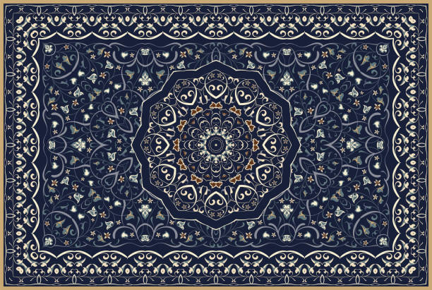 Vintage Arabic pattern. Persian colored carpet. Rich ornament for fabric design, handmade, interior decoration, textiles. Blue background.